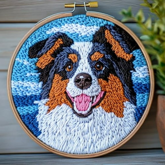DIY Punch Needle Kits for Beginners Cute Australian Shepherd Dog with Sea with Hoop Embroidery Punch Needle Starter Craft Set Easy for Adults and Children Festival Gift and Decoration 20x20cm-1