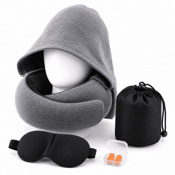 Generic Memory Foam Hooded Travel Neck Pillow, Ergonomic U Pillow with Sleep Mask, Ear Plugs, Carry Bag, Neck Support for Flight, Car & Road Trips