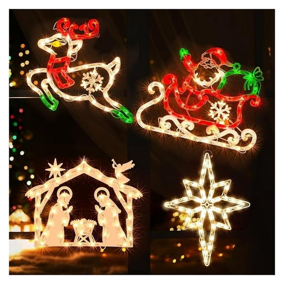 Lighted Deer,Santa in Sleigh,Nativity,Bethlehem Star Christmas Window Decoration for Christmas,Party,Home,Patio Lawn,Garden