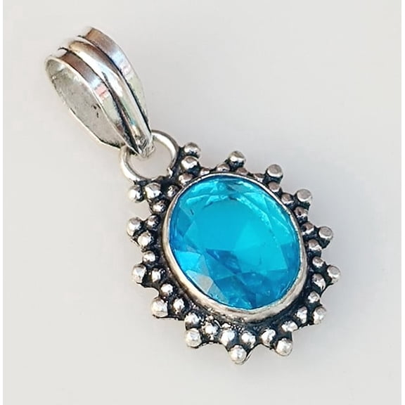 Oval Blue Topaz Gemstone Pendant 925 Sterling Silver Pilished Handmade Jewelry Small Pendant 1.4" Inch