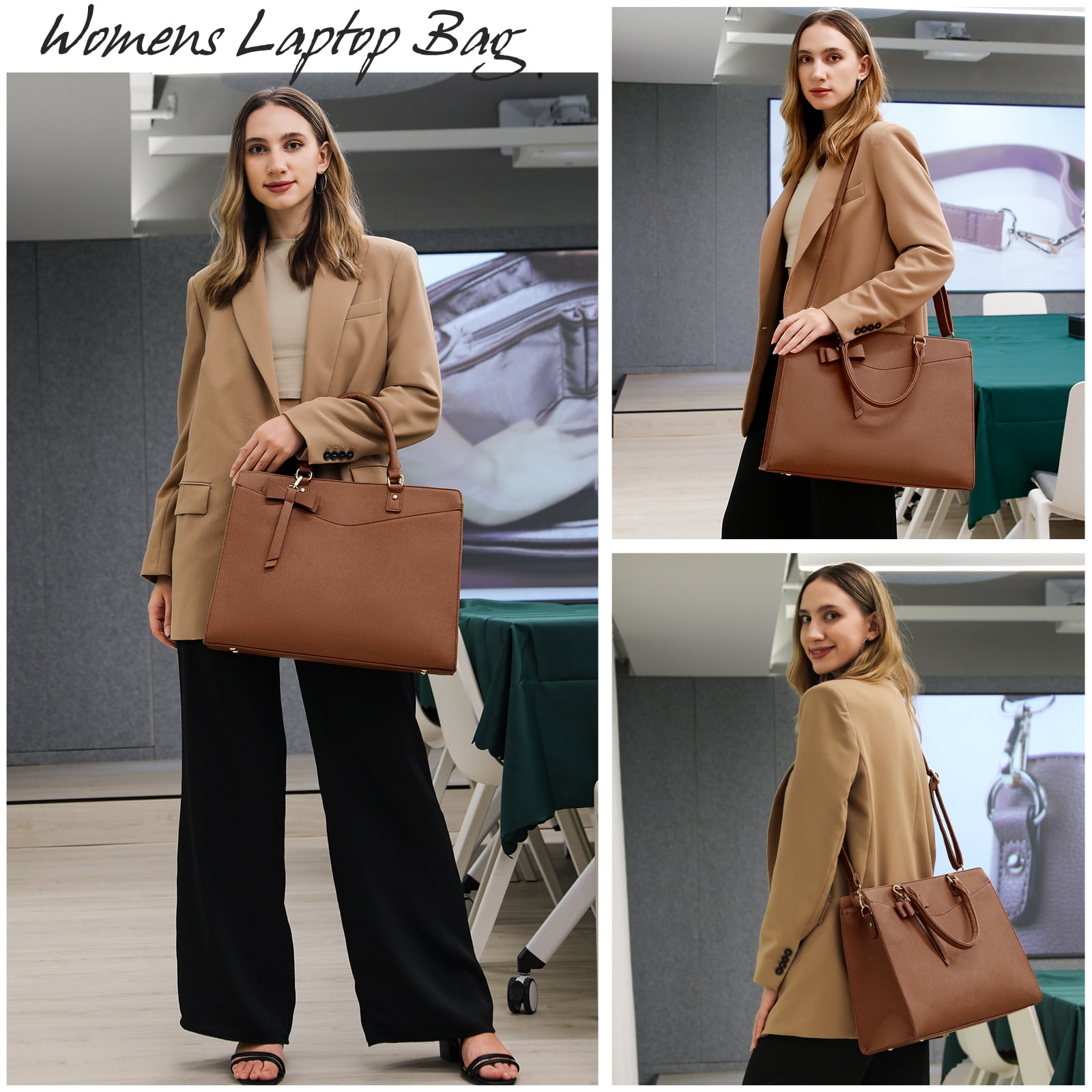 RAINSMORE Laptop Bag for Women 15.6 Inch Laptop Briefcase PU Tote Bag Waterproof Computer Tote Bag for Business Office Work Lightweight Shoulder Handbag,Dark Brown