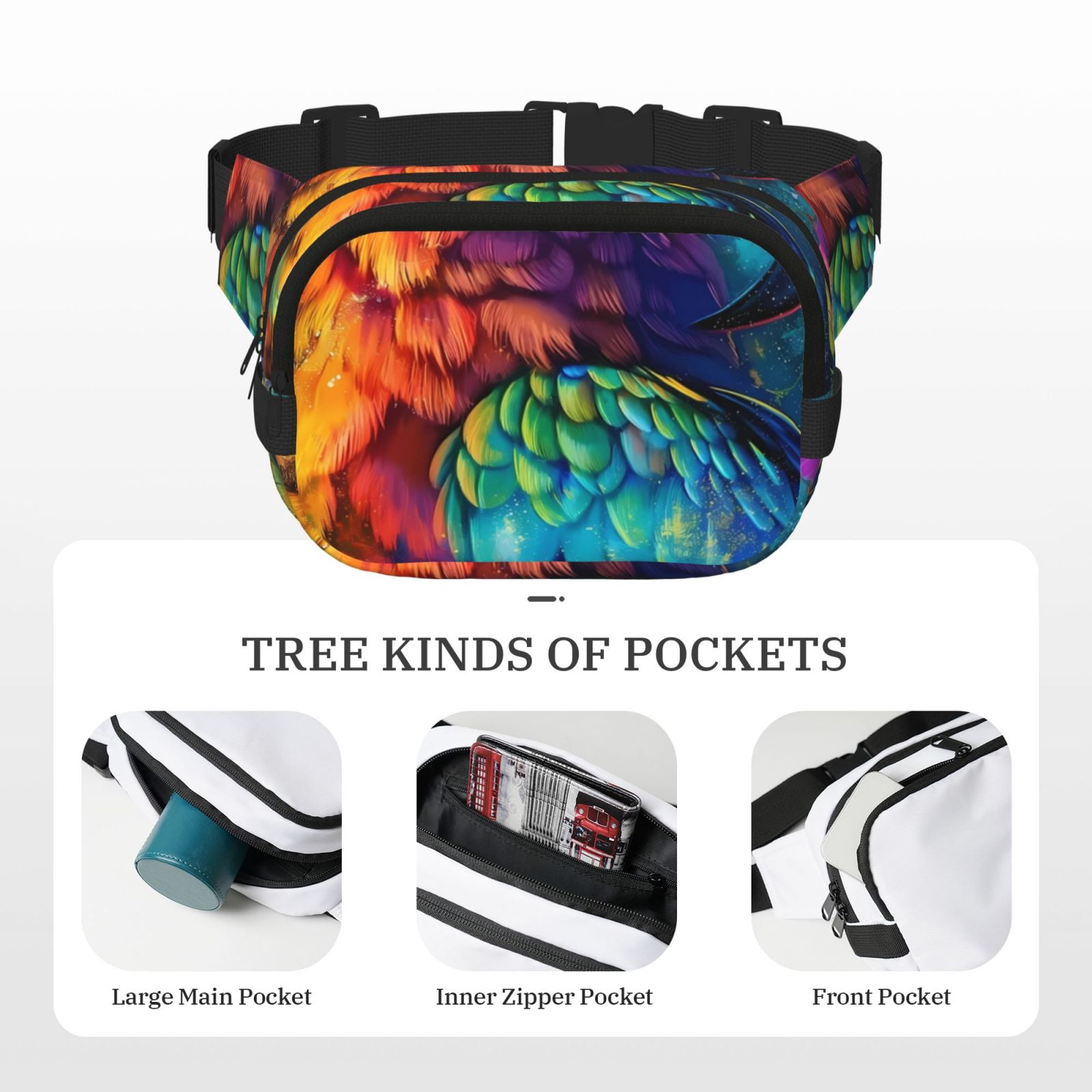 Picia Colorful Parrot Jungle Dream Print Square Double-Layer Waist Bag Mini Adjustable Waist Belt Bag Exercise Running Travel Hiking