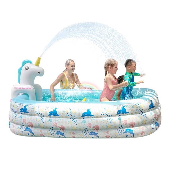 Doctor Dolphin Inflatable Swimming Pools Above Ground Play Center for Kiddie Toddler Adult with Unicorn Spray, Family Blow Up Pool 94.5" X 65" X 24"