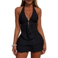 thumbnail image 5 of Womens 3 Piece Swim Suit, Textured Strap Backless Top Ruffled Skirt Bikini Bottom, Summer Travel Swimwear Black Womens Bikinis M, 5 of 8