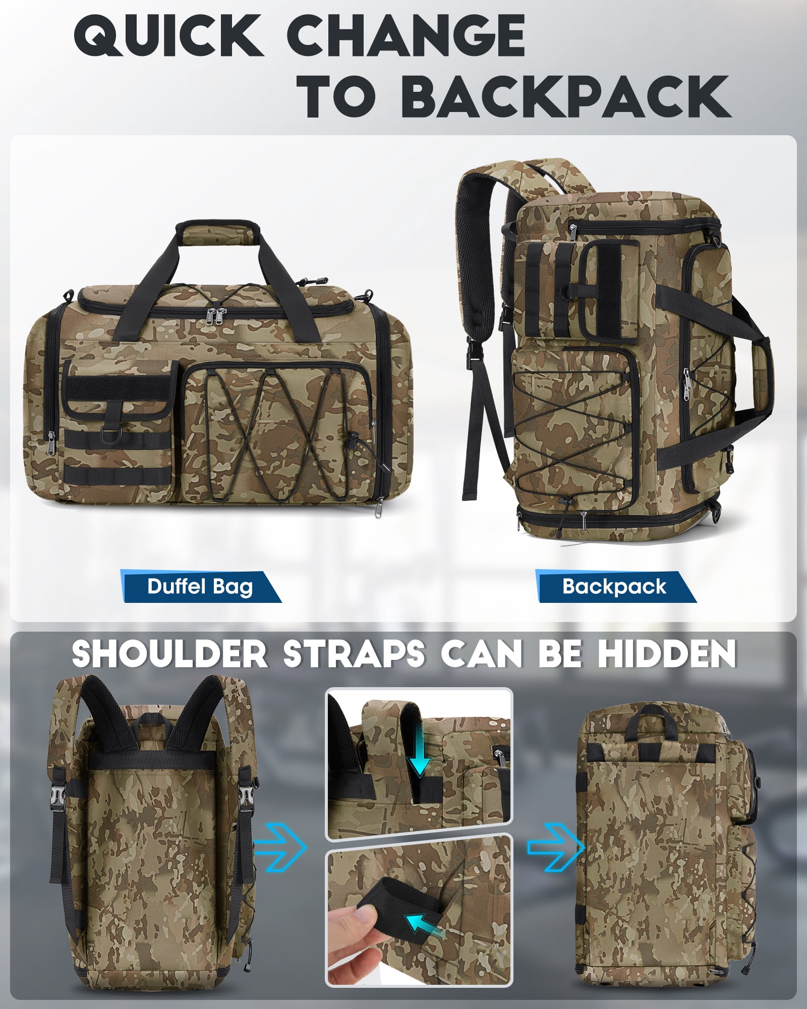 Gym Bag for Men 45L Sports Duffel Bags 3-in-1 Travel Duffel Bag with Shoe Compartment,Gym Workout Backpack Weekender Bag Overnight Bag for Travel, Khaki