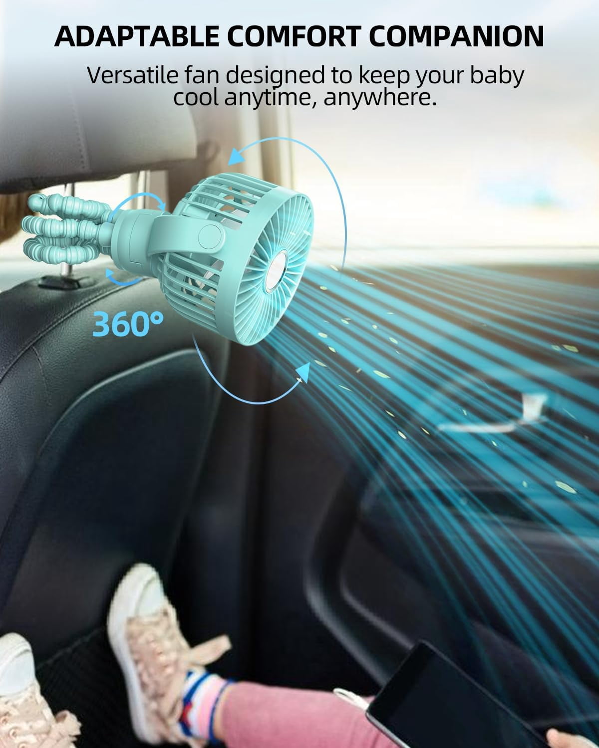 UniVerse Portable Stroller Mini Fan, Small Rechargeable Personal Fan, Travel Essentials for Baby, Wagon, Car Seat, Treadmill, Battery Powered Biking Gear Accessories, 360° Rotation, 3-Speed, Display