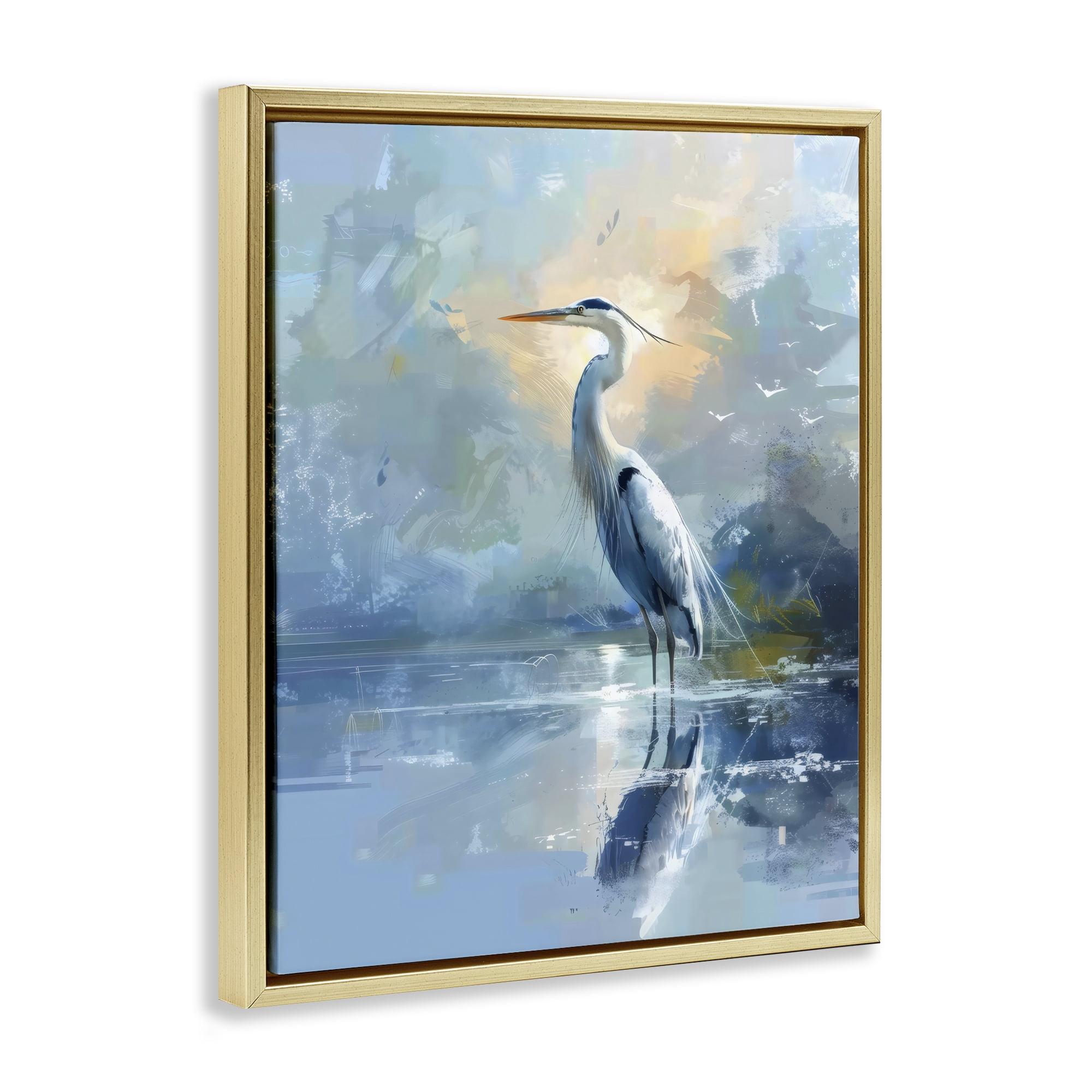 Stupell Industries Tranquil Heron with Dawn Glow Gold Framed Floater Canvas Wall Art, design by Creative Studio