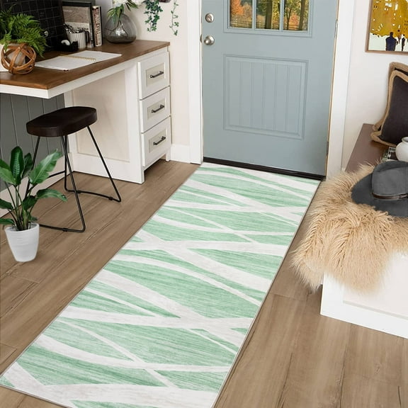 Garvee 2'x6' Runner Rug Modern Wave Print Runners Soft Non-Slip Bedroom Runners Rug Low Pile Soft Foldable Mat for Laundry, Green