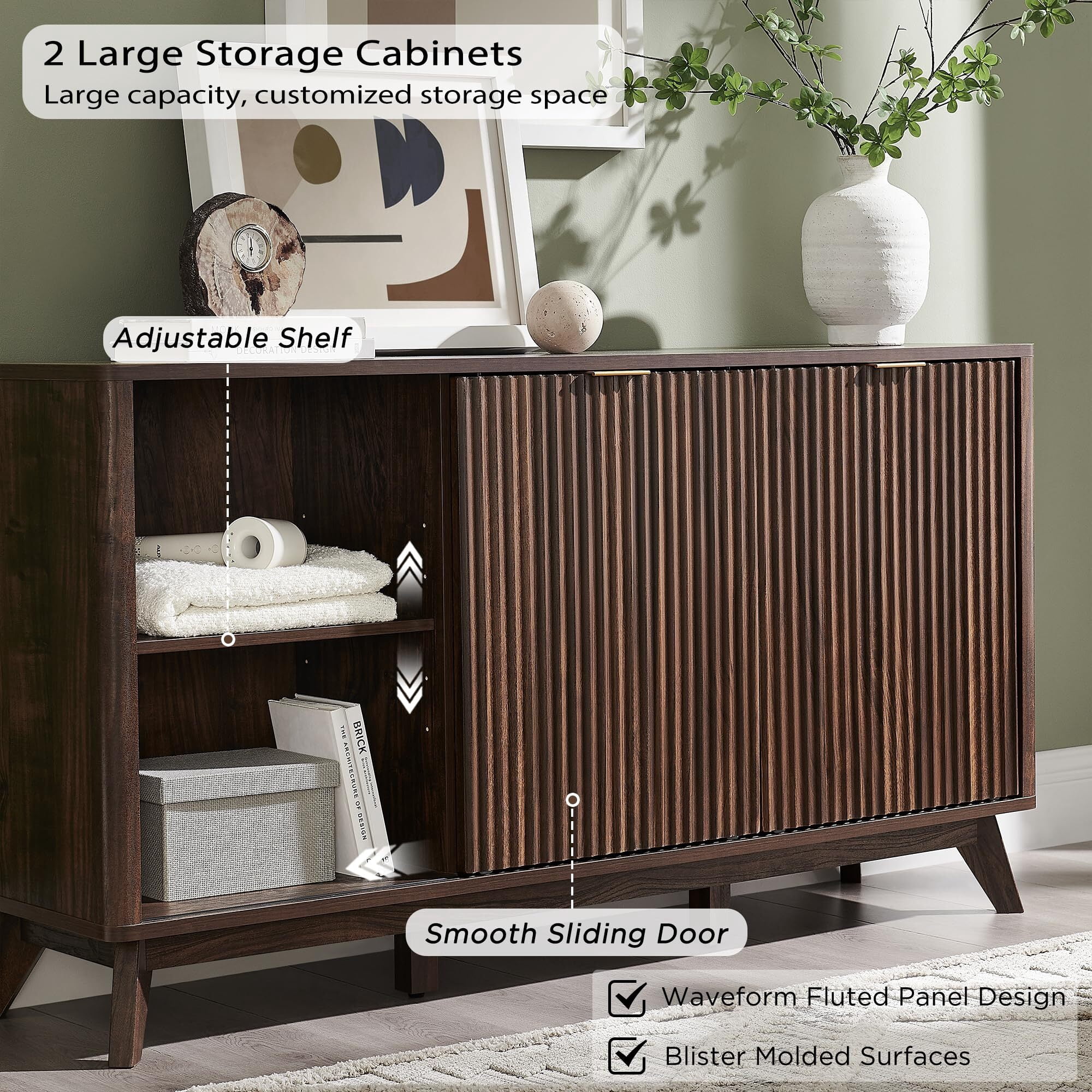 OKD 60" Fluted Wood Dresser with Sliding Doors and 4 Drawers, Modern Chest with Faux Marble Top, Chest of Drawers for Bedroom, Living Room, Dark Walnut