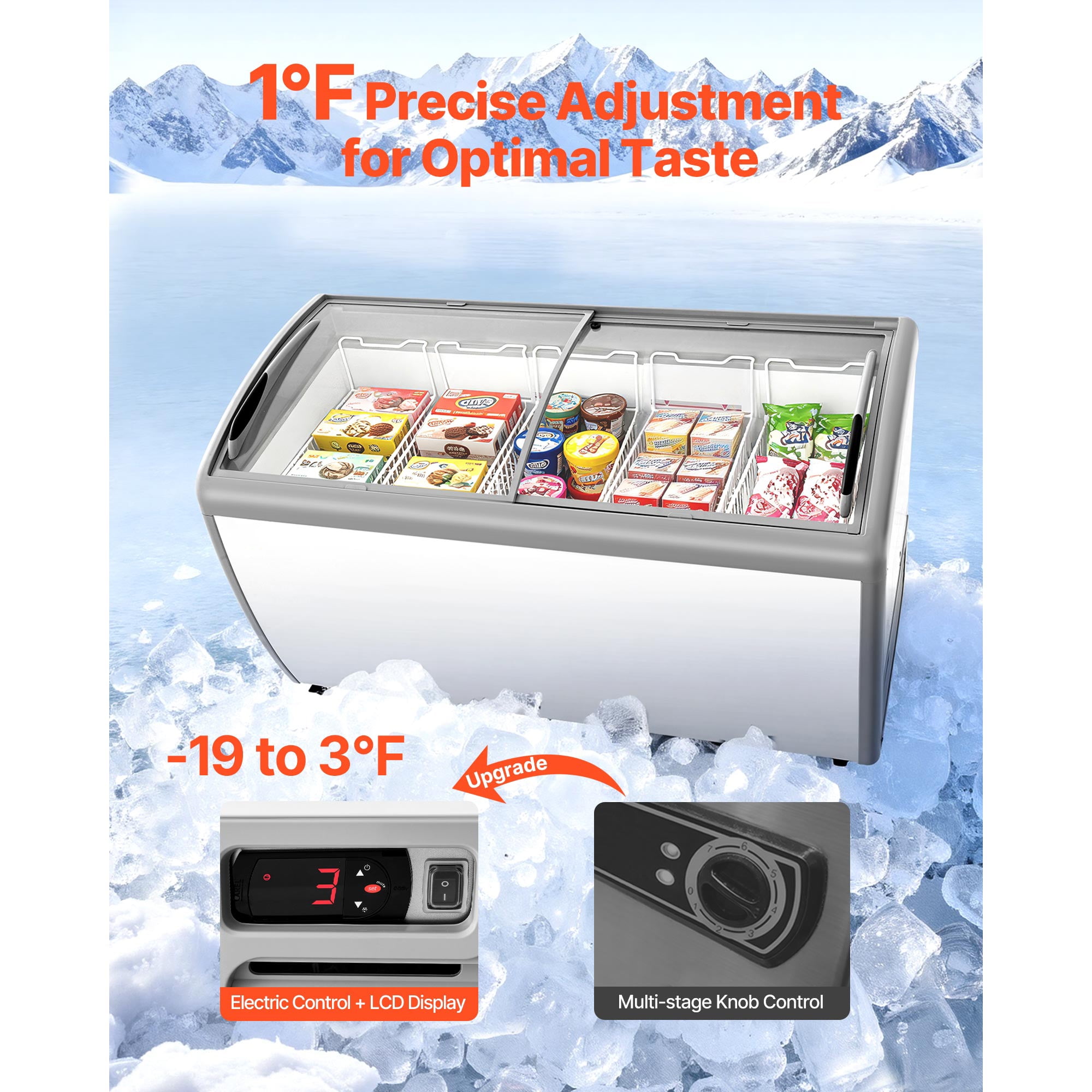 KFFKFF Commercial Ice Cream Display Case, 16.3 Cu.ft Chest Freezer, Adjustable Temperature -19 to 3℉, Mobile Deep Freezer with 5 Wire Baskets, Sliding Glass Doors, Locking Casters & LED Lighting