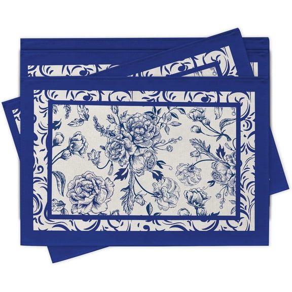 Blue White Flower Chinoiserie Placemats Set of 4, Vintage Peony Floral Dining Place Mats Table Decor, Spring Summer Home Kitchen Decoration 12 x 18 Inches