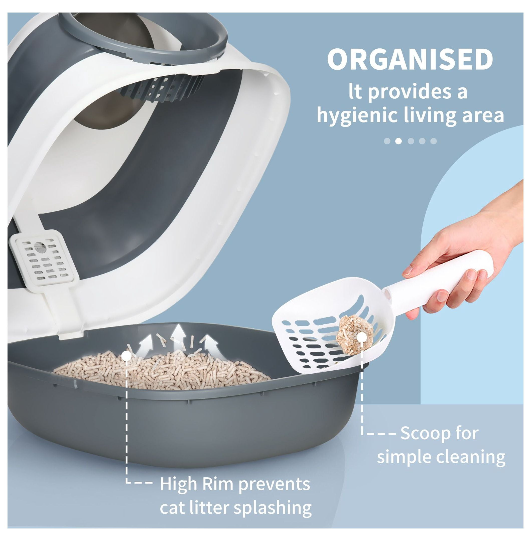 Cat Litter Box Covered, Dome Design with Door, White & Gray - Enclosed Pet Toilet for Privacy, Odor Control & Easy Cleaning