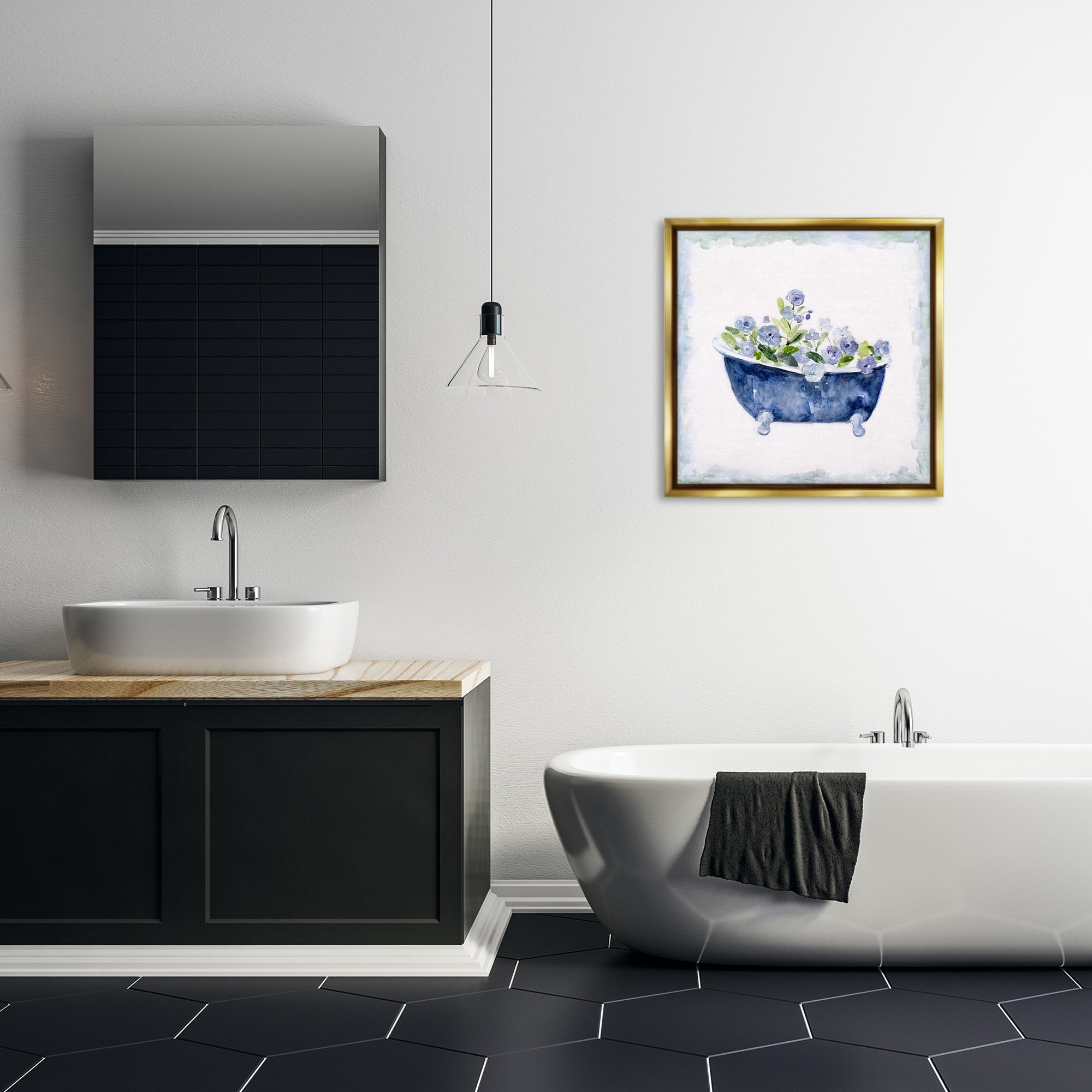 Stupell Industries Charming Blue Bathtub Florals Botanical & Floral Painting Gold Floater Framed Canvas Art Print Wall Art, 25 x 25
