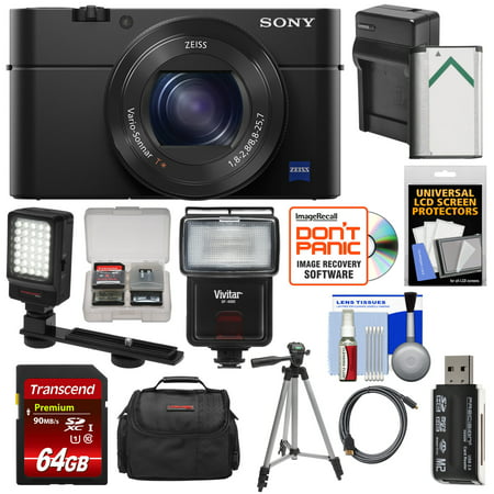 Sony Cyber-Shot DSC-RX100 IV 4K Wi-Fi Digital Camera with 64GB Card + Battery + Charger + Case + Tripod + Flash + LED Video Light +