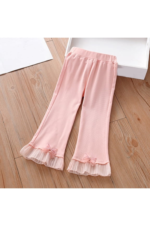 Girls Cotton Leggings, Elastic Waist Solid Color Casual Stretch Flare Pants Pink Size 5-6 T