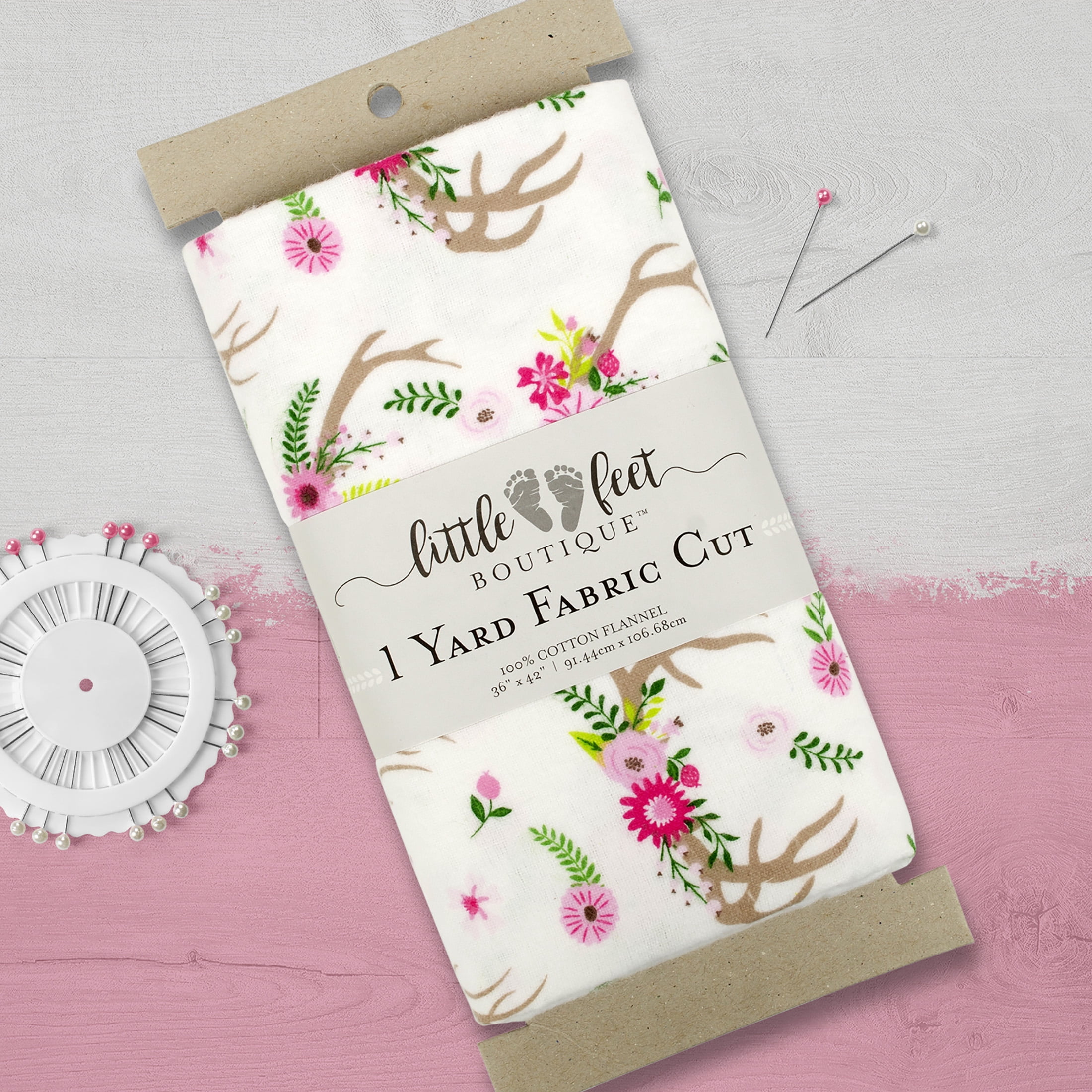 Little Feet Boutique 36"X42" Cotton Flannel Floral Antler Precut Sewing & Craft Fabric, White 1 Piece