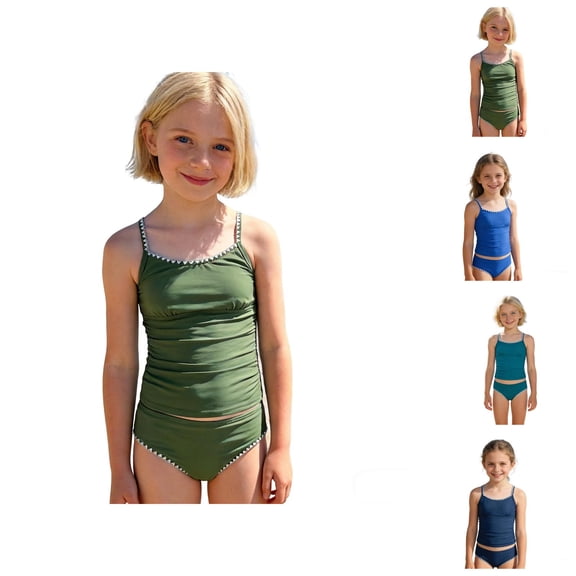 Girls Swimsuit Contrast Trim Swimwear Girls Solid Color 2 Piece Bathing Suit Padded Sporty Swimsuit for and Youth Age 8-14 Years