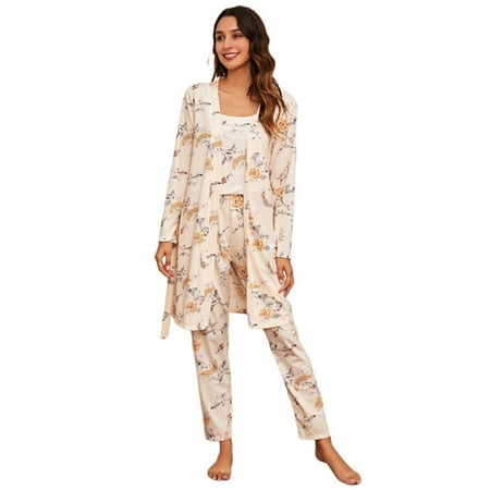 

Monfince Women 3 Pieces Pajamas Sets Silk Strap Tops And Long Pants And Long Nightgowns Casual Sleepwear Print Pyjamas Set