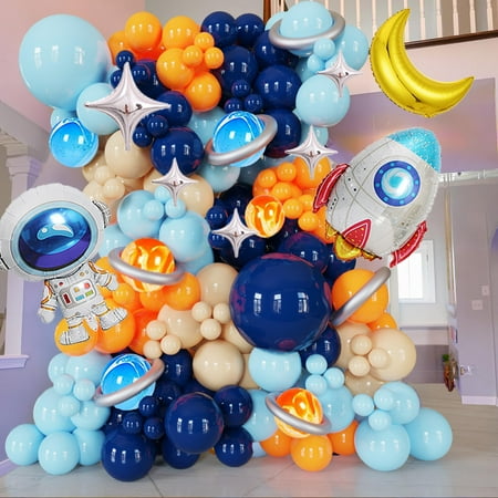 125Pcs Space Themed PresNok Balloon Arch Kit Navy Blue Orange Balloon Garland With Silver Tassels Galaxy, Astronaut & Rocket Decorations For Outer Space Parties, Boy Kid Birthday decoration