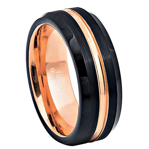 Jewelry Avalanche Men's 2-Tone Beveled Grooved Tungsten Carbide Wedding Band Black & Rose Gold Ion-Plated, 8MM, size 10