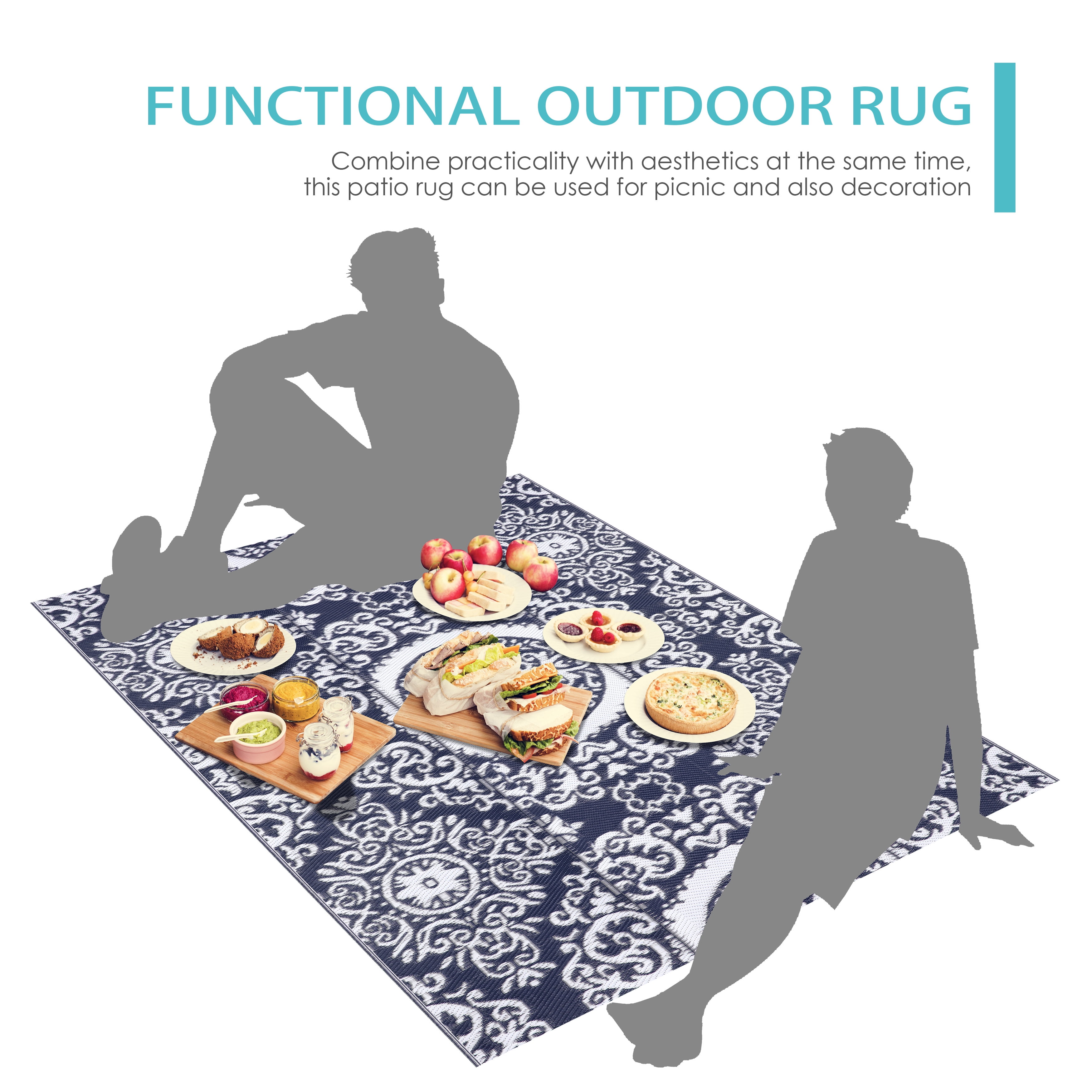 Nuu Garden 5' x 7' Outdoor Rug, Plastic Straw Foldable Area Rug Indoor Outdoor Carpet for Patio Decor Balcony Camping Picnic RV, Blue and White