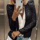 thumbnail image 3 of 2Xl;Chaqueta de mujer plateada de manga larga con lentejuelas brillantes y abertura frontal informal para mujer, 3 of 4