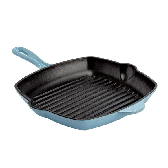 Country Living Enameled Cast Iron Square Griddle Grill Pan with Ridges Helper Handle and Pouring Spouts for Easy Draining Indoor Grilling Skillet 11-Inch Blue