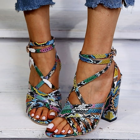

EQWLJWE Fashion Summer Cross With Snake Pattern Thick Heel High Heel Ladies Sandals Women s High Heels Holiday Clearance