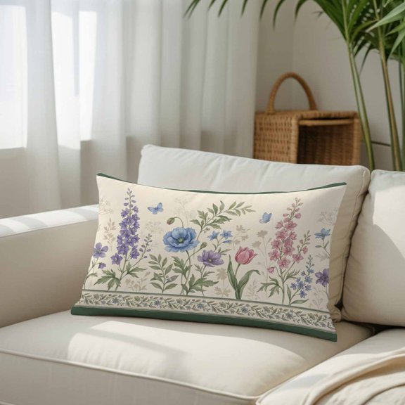 Garden Blue Pink Purple Flowers Throw Pillow Covers, Decorative Pillow Covers With Hidden Zipper Soft Brushed Microfiber Fabric, Country Floral Butterfly Pillowcases for Couch Bed 20x26in