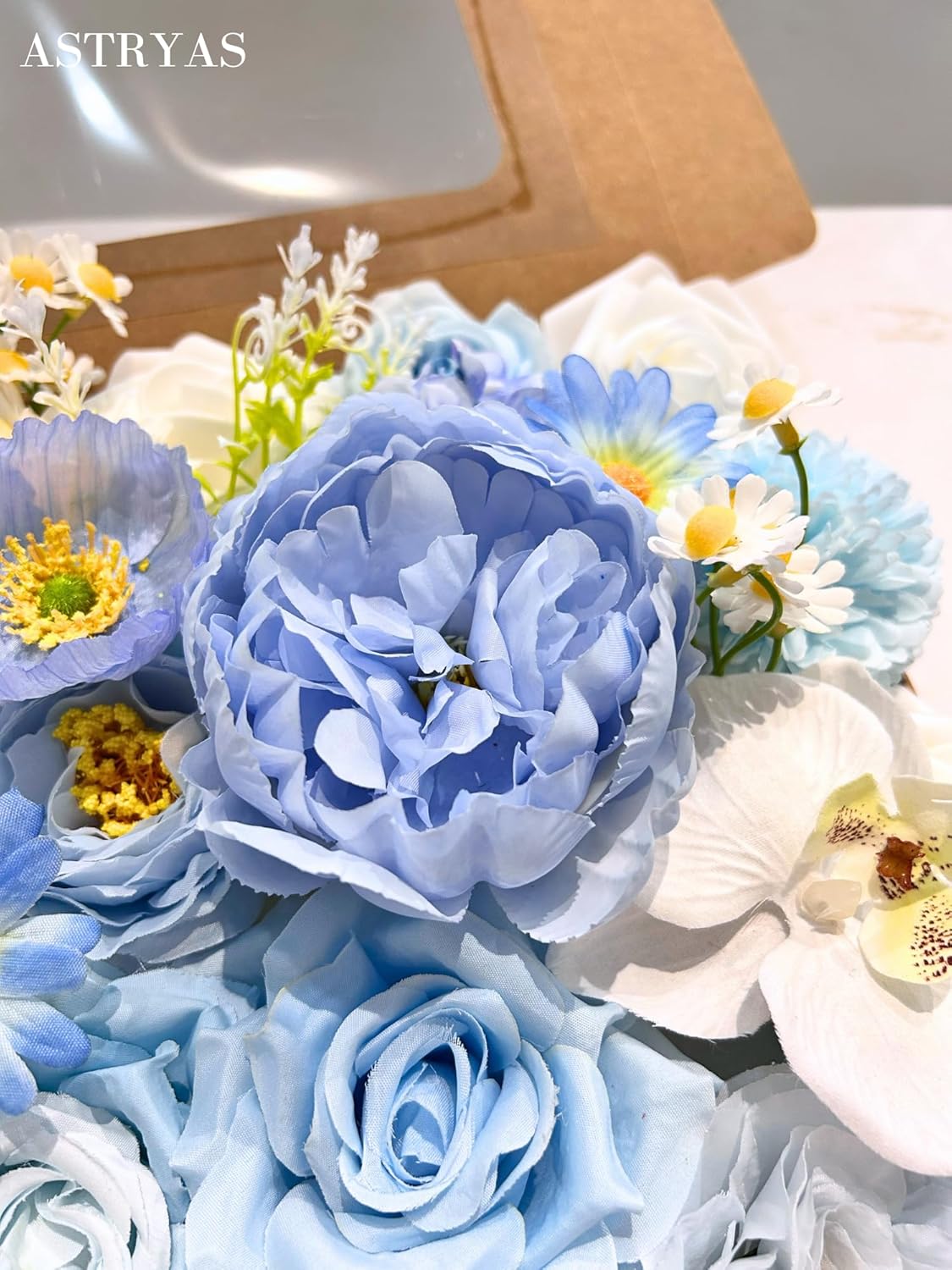 Blue Artificial Flowers Combo Box Set, Baby Blue Silk Peonies Dahlia Roses with Stems for DIY Bridal Wedding Bouquets Baby Shower Floral Arrangements Centerpiece Table Party Home Decorations