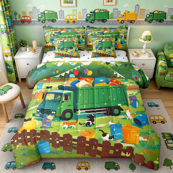 Castle Fairy Cartoon Garbage Truck Twin Bedding Sets 7-Piece for Teens, Playful Cat Party Bedding Comforter Set for Bedroom, Green Blue Orange