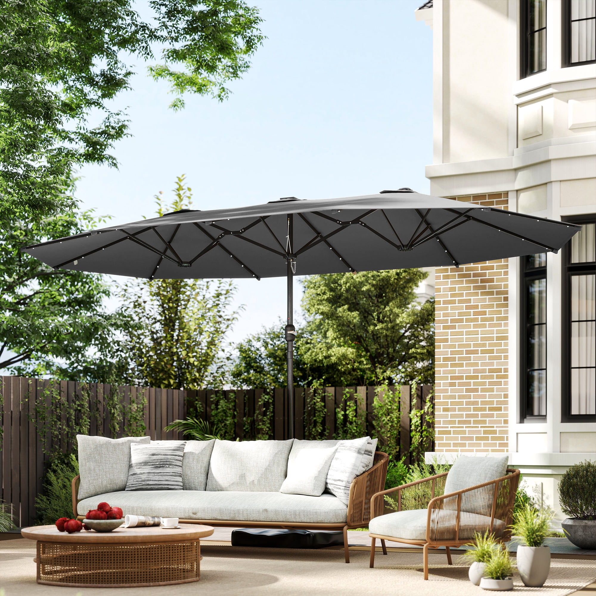 Outsunny Double-Sided Sun Umbrella, Outdoor Garden Parasol, Patio Sun Shade with LED Solar Light, Sand Base, Gray