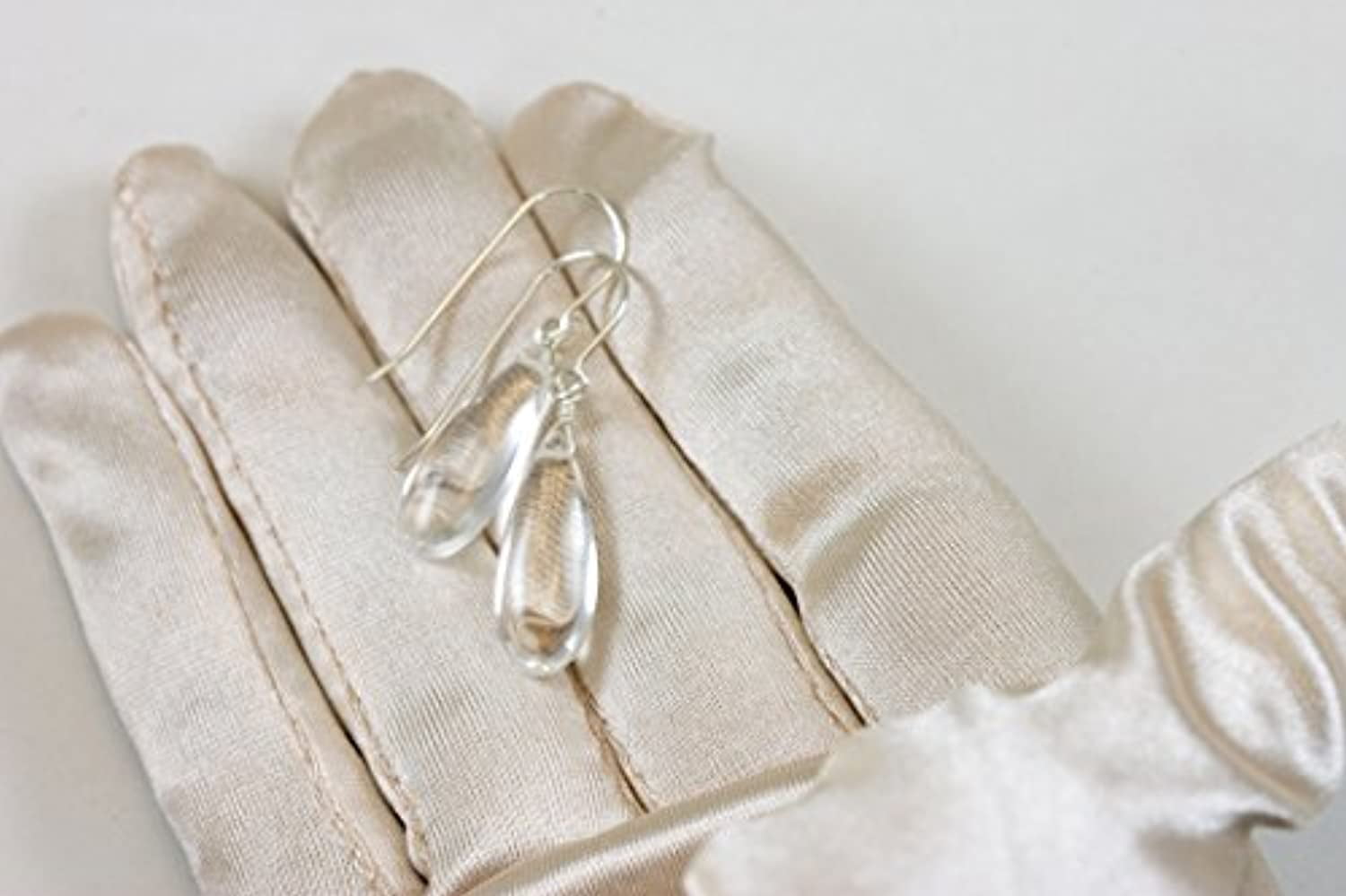 Sterling Silver Crystal Clear Quartz Earrings Smooth Long Puffed Teardrop Simple Drops Designed for Adult Women
