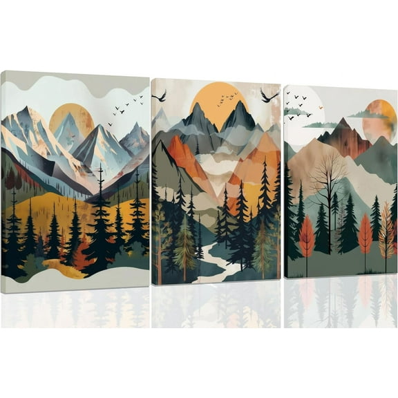 3Pcs Mountain Wall Art Boho Abstract Sunset Canvas Prints Forest Landscapes Posters Woodland Adventure Artwork Watercolor nature Pictures Paintings for BedRoom Office Nordic Style Wall Decor d