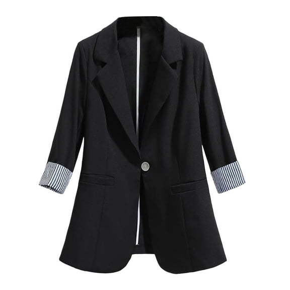 Women Suit Coat Lapel 3/4 Sleeve Striped Cuffs Suit Jacket Single Button Pockets Design Loose Fit Business Workwear
