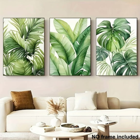 3pcs,2D Frameless Canvas Prints,Home Decor Paintings,Set of 3 Frameless Tropical Green Watercolor Plant Poster Canvas Print Simple Boho Banana Monstera Palm Leaf Wall Art Paintings for Beach House,A