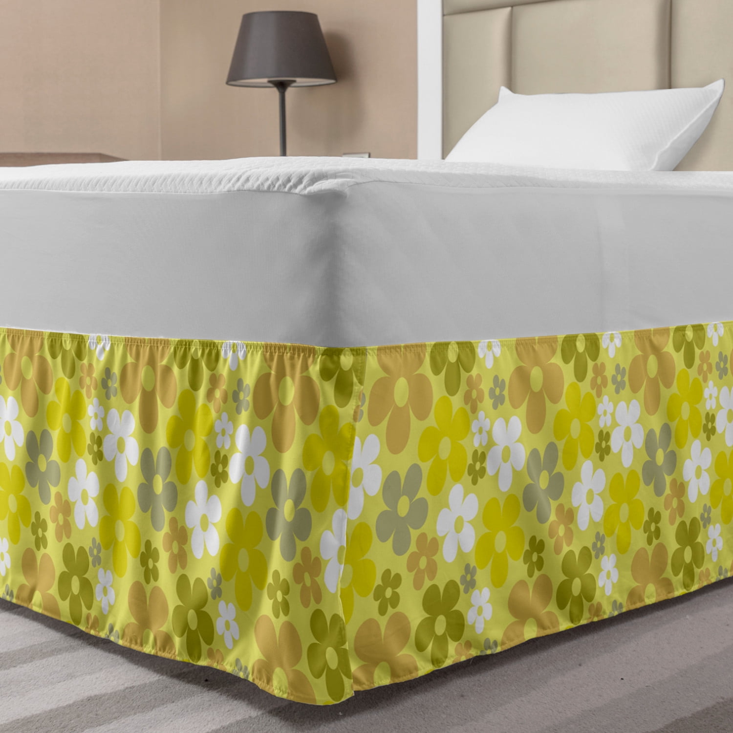 Grey Yellow Bed Skirt, Vivid 90's Look Flowers Illustration, Elastic