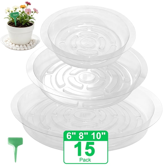 15 Pack Clear Plant Saucers, 6 8 10 Inch Plastic Flower Pot Saucers with Plant Labels, Heavy Duty Plant Drip Trays with Anti‑Slip Ridges, Plant Pot Saucer for Indoor Outdoor Pots