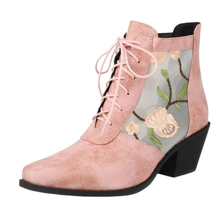 OJSFQUFP Women Ankle Boots Women s Fashion Large Size Retro Embroidery Chinese Women s New Ankle Boots Comfortable Fall Shoes Womens Leather Boots Pink 42