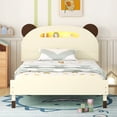 thumbnail image 2 of Twin Size Wood Platform Bed with Bear-shaped Headboard，Cosymart Bed with Motion Activated Night Lights，Cream+Walnut, 2 of 9