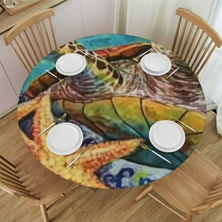 

Patifu Turtle Starfish Journey Round Tablecloth Stain-Resistant Washable 100% Polyester Table Cloth for Outdoor Picnic Camping Indoor Kitchen Dining Party 31 -35