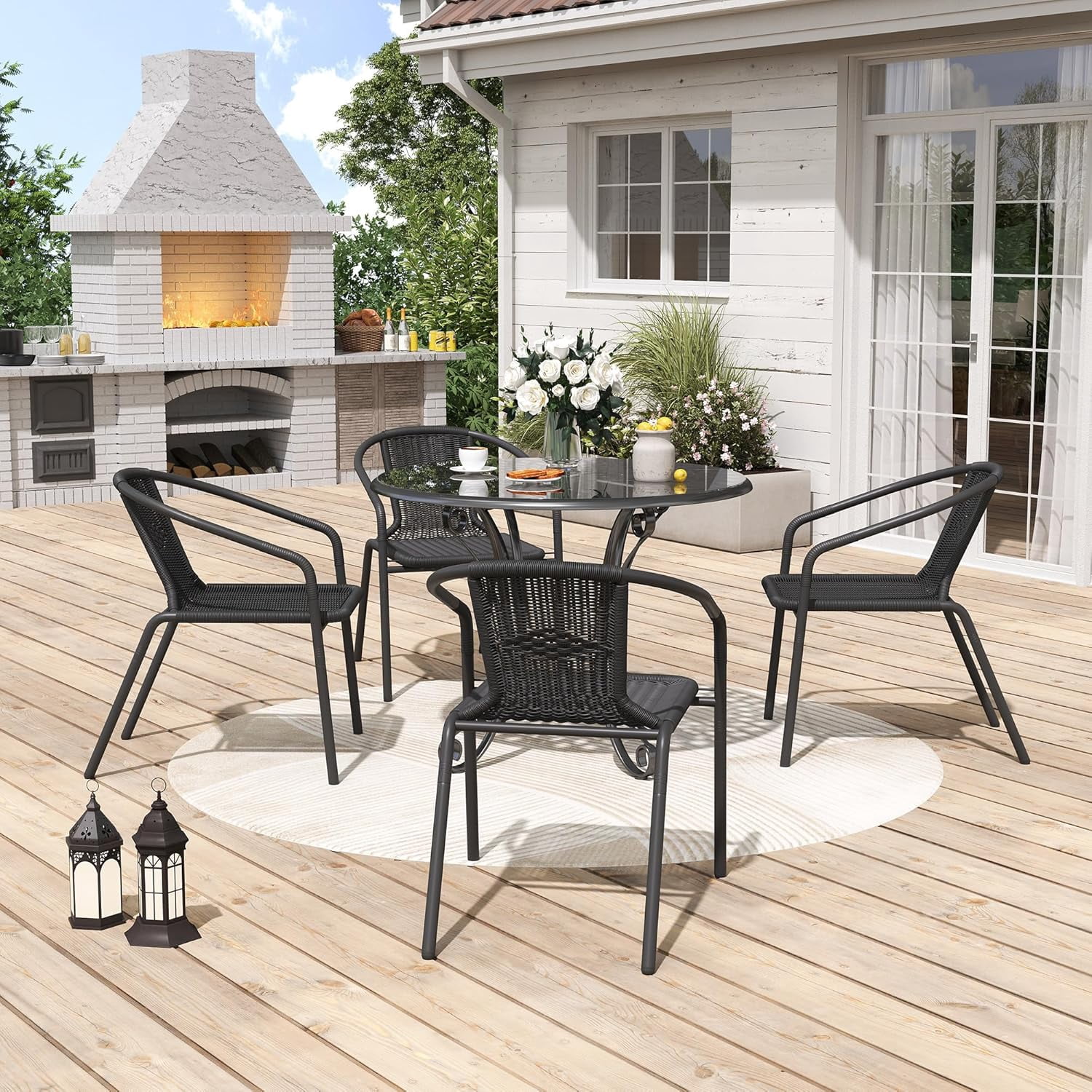 UDPATIO Rattan Patio Dining Chairs Set of 4, Wicker Stackable Outdoor Chairs, for Indoor Bistro Restaurant Porch Deck, Black