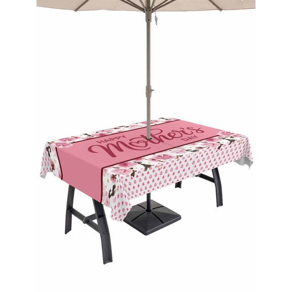Happy Mother's Day Outdoor Tablecloth - 60x120 Inch Rectangle Dining Table Cover, Farmhouse Pink Floral Love Heart Waterproof Outdoor Table Cloth with Umbrella Hole & Zipper for Picnic/Patio/Party