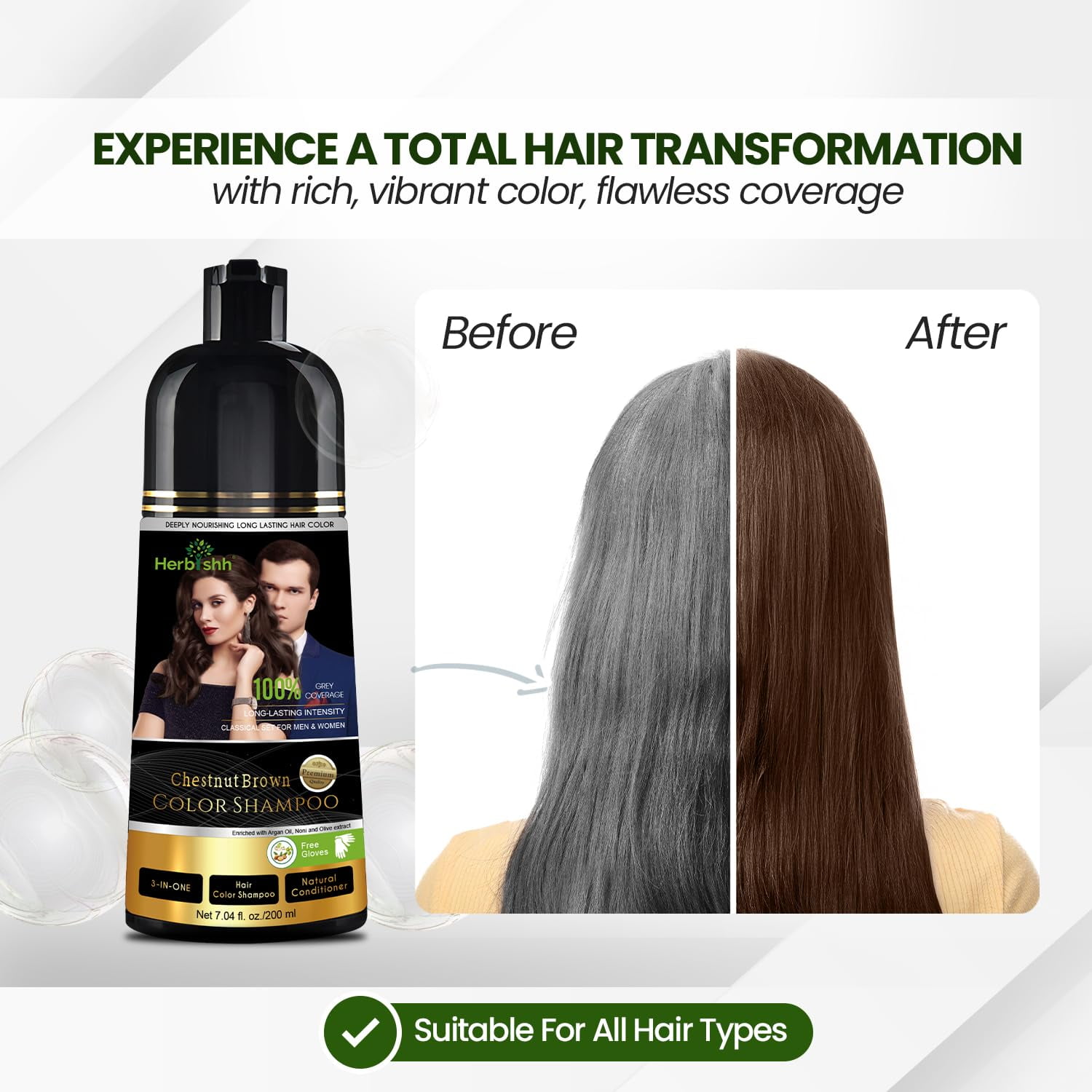 (2 pack) Herbishh Chestnut Brown Shampoo, Hair Dye Shampoo 3 in 1, 100% Grey Coverage, Demi-Permanent Hair Color for Men & Women, Long-lasting Color in 20-25 Mins, Ammonia-free, 200 ml