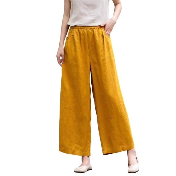Admvng Women's Plus Size Pants with Pockets Solid Wide Leg Elastic Waist Casual Full Length Pants