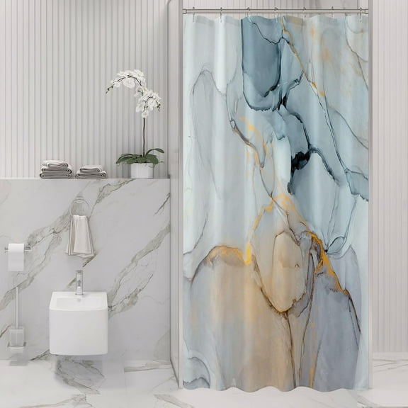 Small Stall Shower Curtain 36 x 72, Narrow Half Abstract Grey Blue Marble Shower Curtain, Modern Ink Art Waterproof Fabric Shower Curtain Set with Hooks