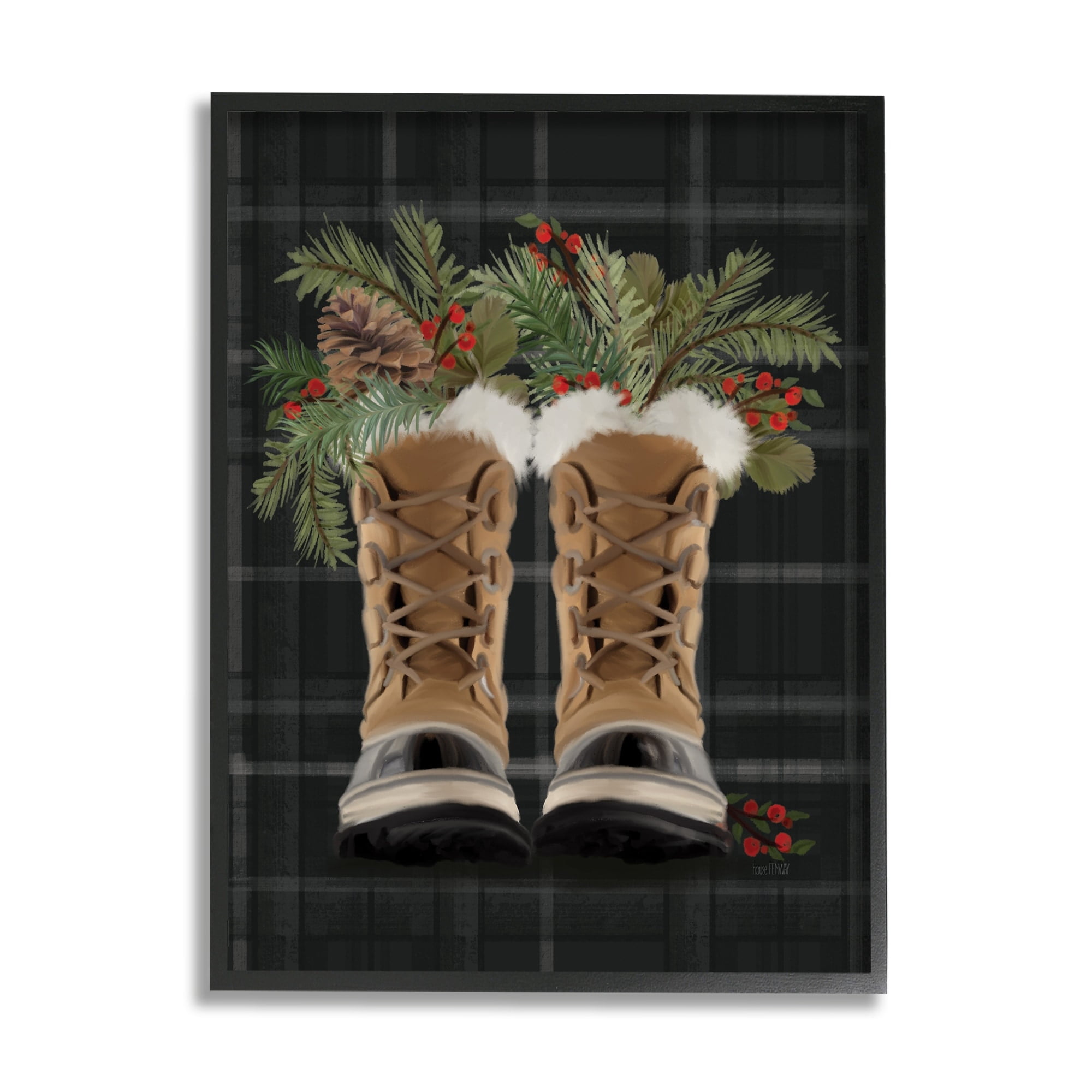Cozy Winter Boots Holly Fir Sprig Arrangement Botanical & Floral Painting Framed Art Print Wall Art