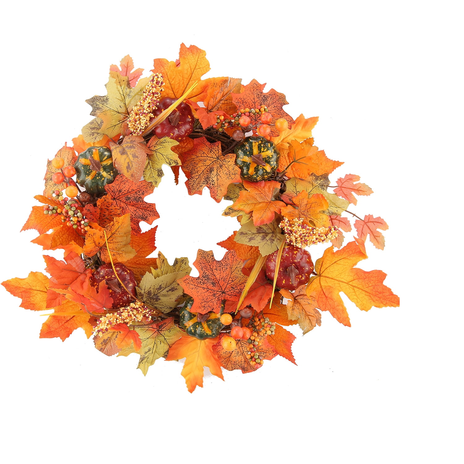 40cm Autumn Maple Leaf Wreath Harvest Artificial Berry Maple Leaf Fall Door Wreath Home Door Wall Haning Garland Ornament Christmas Xmas Thanksgiving Days Decorations Supplies Lighted