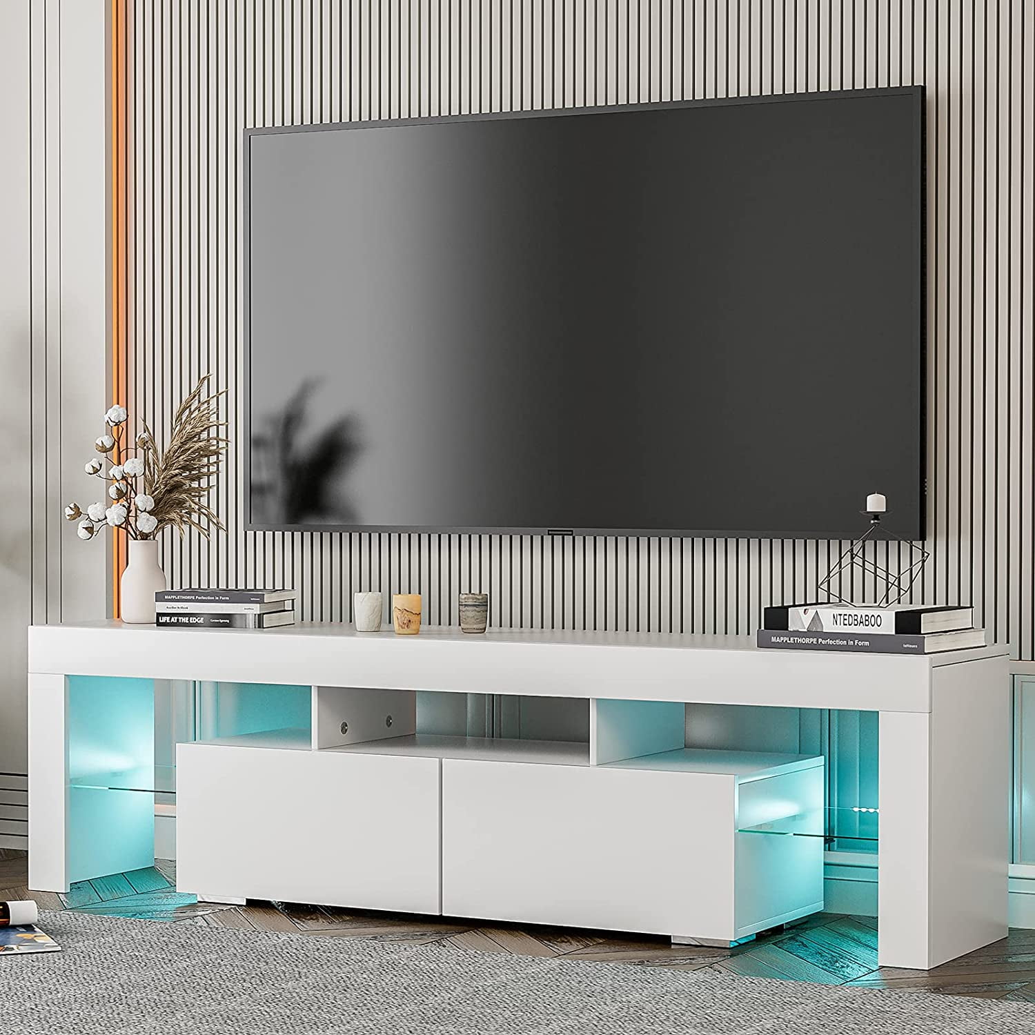 IKIFLY White TV Stand, Modern LED TV Stand w/16 Colors&Remote Control Lights,High Gloss TV