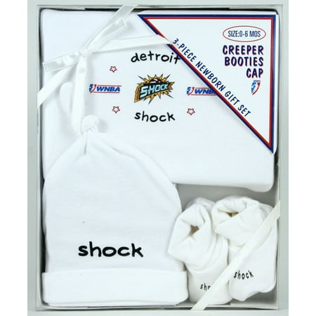 WNBA Basketball Detroit Shock Three Piece Newborn 0-6 Gift Set Get one for your little sports fan this Detroit Shock WNBA Newborn Baby Vintage Three Piece Boxed Gift Set. 100% cotton creeper  booties  andcap with retro screen printed graphics. Also makes a wonderful gift that isalready in a gift box with a bow. Baby sizing 0-6 months. 100% cotton creeper cap booties Screen printed graphics / newborn 0-6 months Creeper has three snap closures at the crotch Boxed 3 piece set ready to give as a gift Officially licensed WNBA product